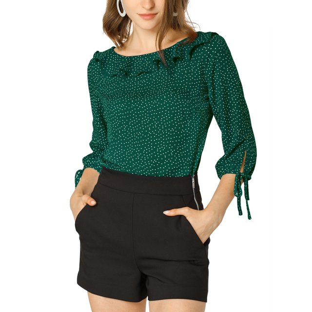 INSPIRE CHIC Blouse à Pois d'Été Transparente pour Femme à Col Volanté, Manches Mi-Longues