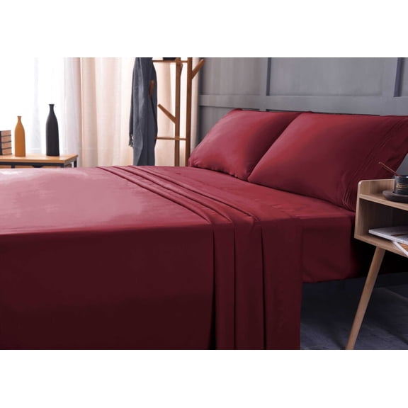 the Season Essentials Wrinkle Free Sheet Sets with Deep Pockets & Stain Resistant, 4 pc, 1800 Thread Count Bamboo Based, Burgundy, Full