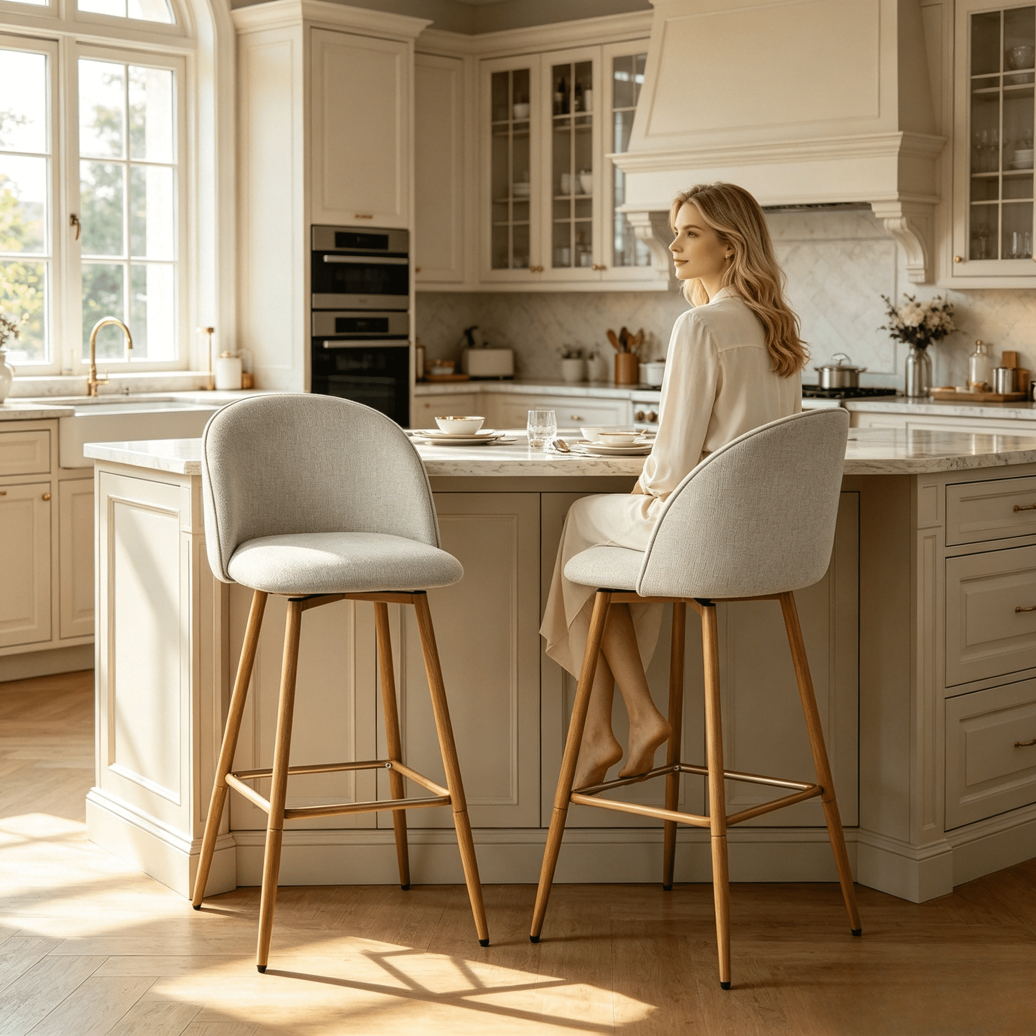 Homy Casa Ensemble de 2 Tabourets de Comptoir Pivotants, Chaises Baril Rembourrées avec Tissu Imperméable, Pieds Métal Aspect Bois