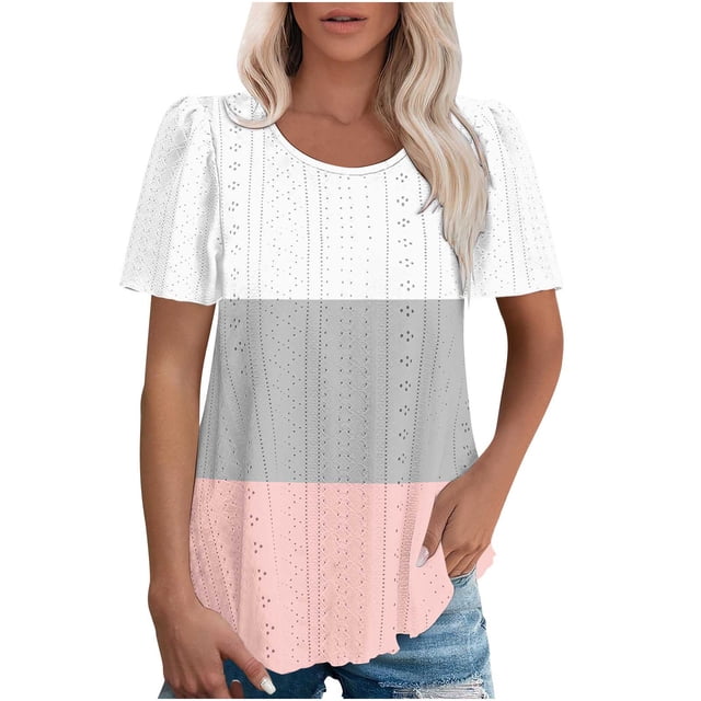Plebaso Hauts pour Femmes Chemises à Œillets Manches Courtes T-Shirts Amples Col Rond Décontracté Blouses Tendance