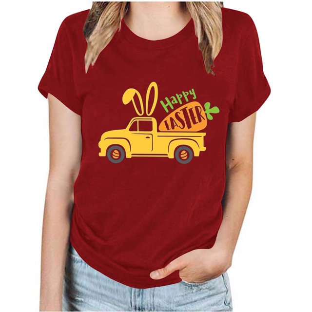 RKSTN Hauts Grande Taille pour Femmes Mode Été Col Rond Manches Courtes T-shirt Décontracté Ample Imprimé Graphique Voiture de Pâques