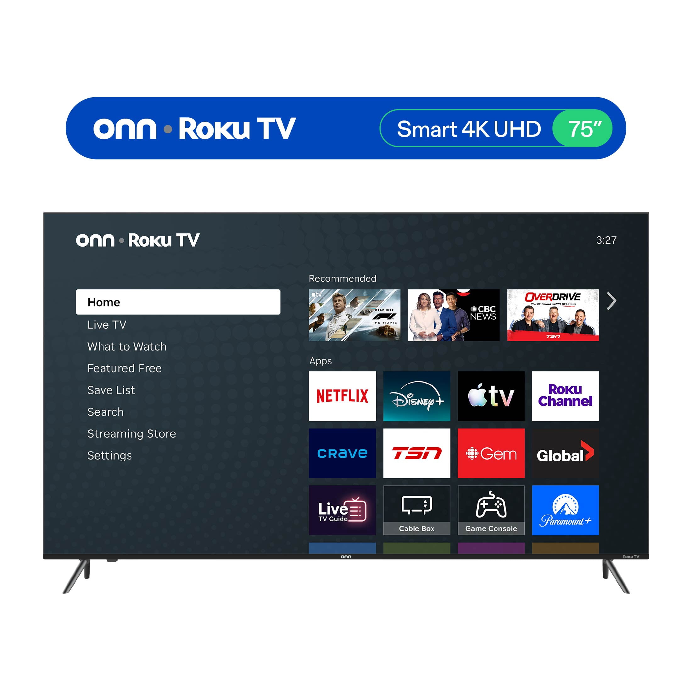 onn 75” 4K UHD HDR10 Smart Roku TV