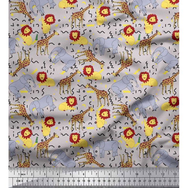 Soimoi Gray Poly Georgette Fabric Lion,Giraffe & Elephant Kids Print Sewing Fabric BTY 42 Inch Wide