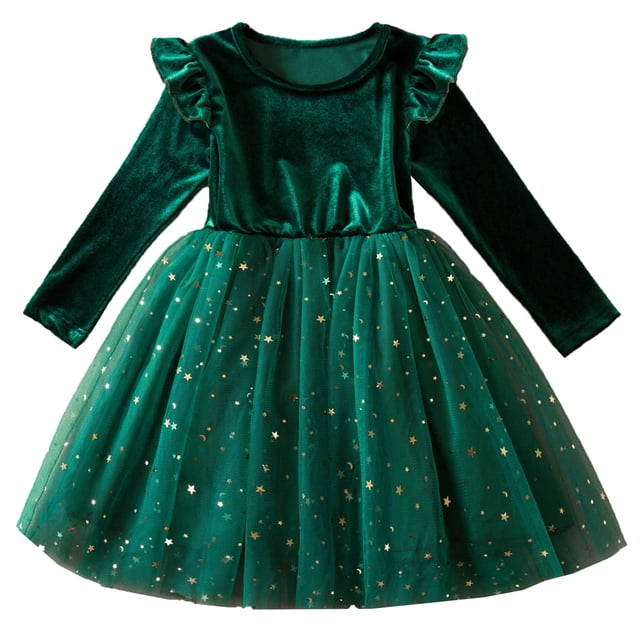 FhsagQ Robes Robes de Noël pour Filles 14-16 Ans Tout-Petits Filles Hiver Manches Longues Tulle Patchwork Robe Princesse Fête Costume Robes de Noël pour Filles 7-8 Remise des Diplômes Vert 2-3 Ans