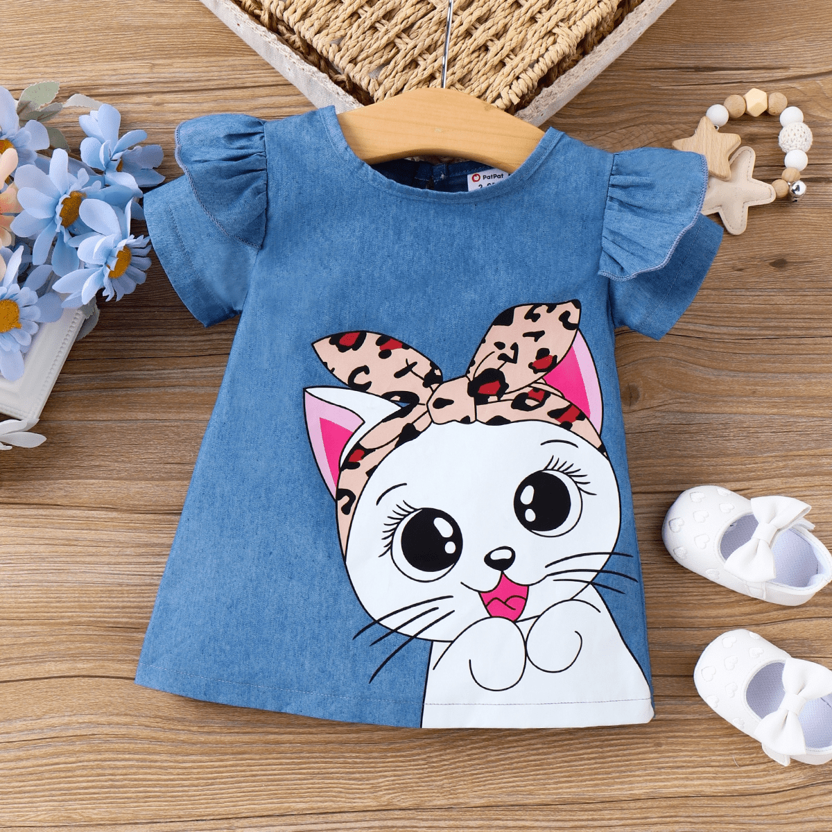 PatPat Robe à Manches Courtes à Volants pour Bébé Fille avec Imprimé de Chat Mignon