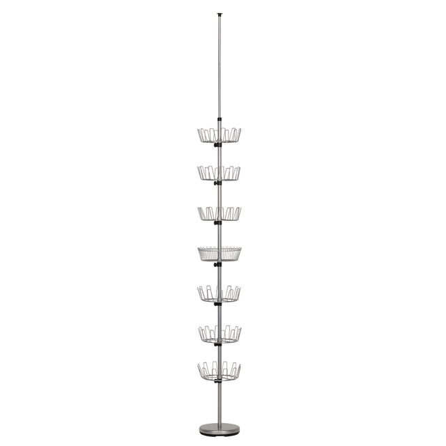 Household Essentials 2197-1 Floor to Ceiling Adjustable 6-Tier Revolving Shoe Rack with Basket - Silver