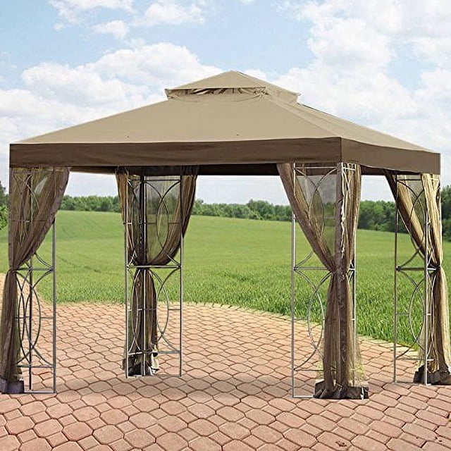 Garden Winds Replacement Canopy for The Callaway Gazebo - Standard 350 - Beige centered front view of the square 36" x 36" top tier replacement canopy in Beige Whisper 350-denier polyester with visible ultra-stitch seams and reinforced Dura Pockets at corners for frame attachment; replacement canopy only for Callaway Gazebo model L-GZ813PST, metal frame and mosquito netting not included, often used as a spare top for outdoor gazebo repair.