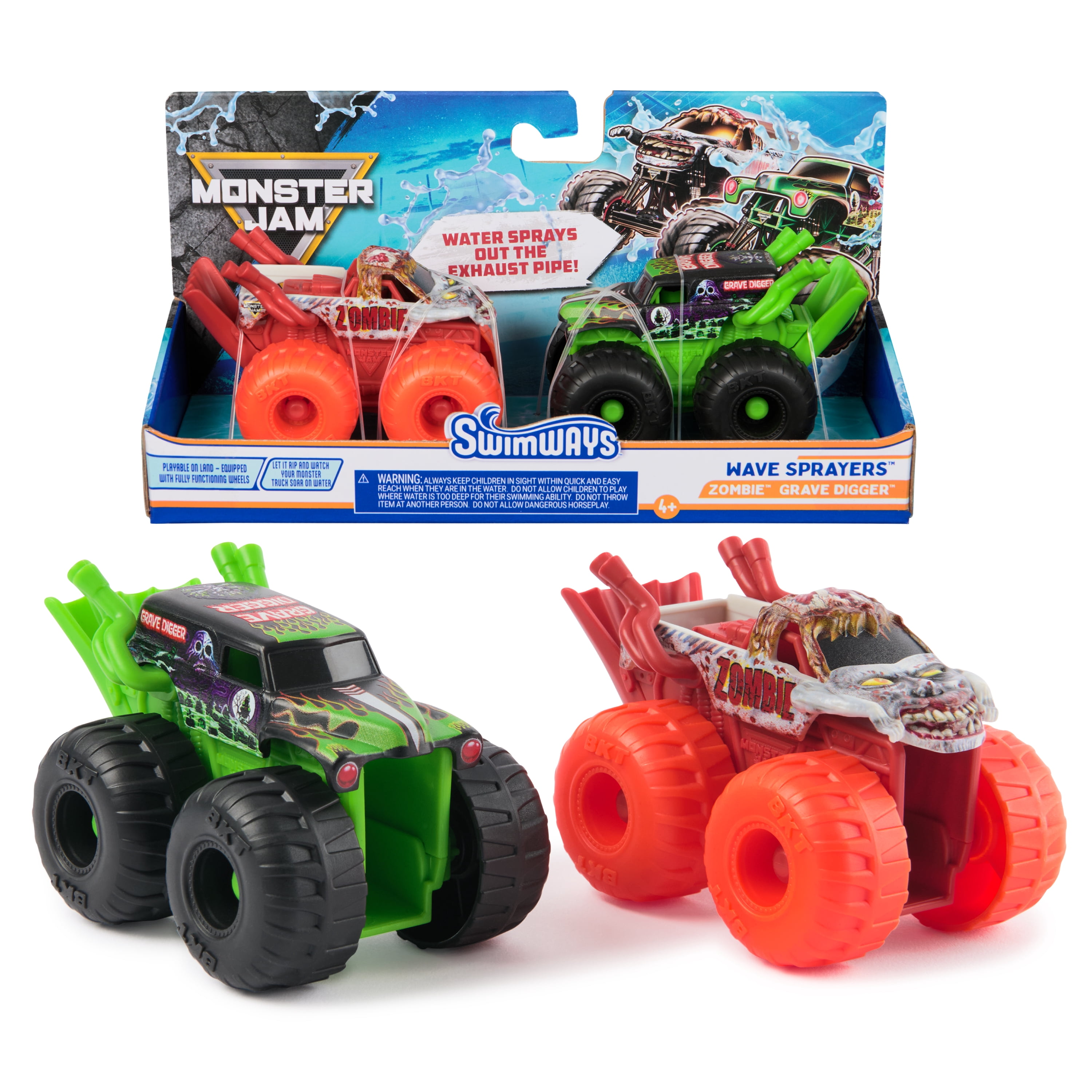 SwimWays, Monster Jam, Coffret Monstres Wave Sprayers, Grave Digger et Zombie, Coffret de 2 monster trucks, jouets de piscine pour enfants, accessoires pour fêtes au bord de la piscine, jouets Monter