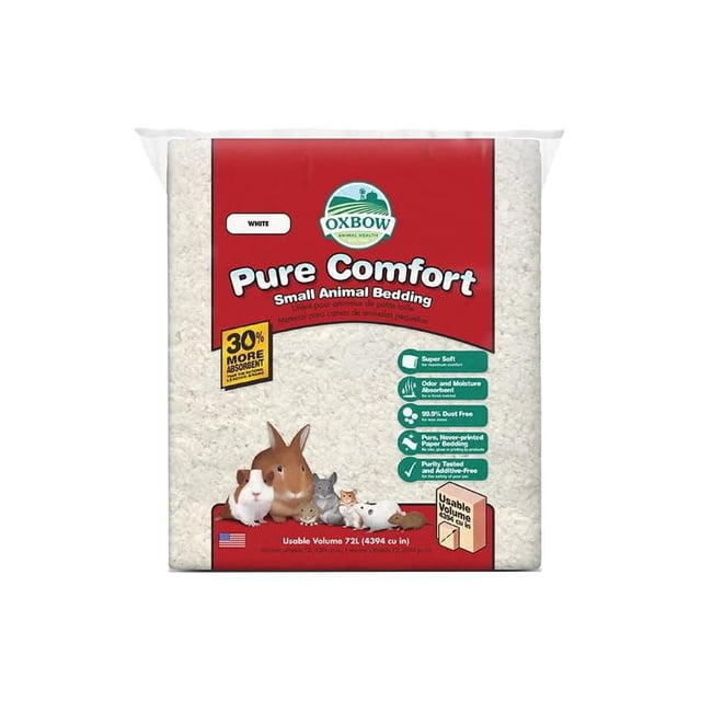 Oxbow Pure Comfort Literie pour Petits Animaux en Blanc, Emballée dans un Sac en Plastique Transparent avec une Étiquette Rouge Montrant le logo Oxbow et des images de Petits Animaux Incluant un Lapin, un Cochon d'Inde, un hamster et une Souris. Fabriquée à Partir de Papier 100 % Pur, Jamais Imprimé, Cette Literie Offre une absorption Supérieure des Odeurs et de l'Humidité, Est 99,9 % Sans Poussière, Testée Pureté et Sans Additifs pour une Utilisation Sécuritaire dans la Literie pour Reptiles et les Petits habitats pour Animaux de Compagnie. volume Utilisable