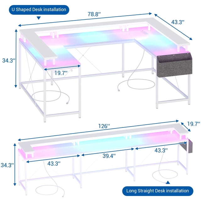 GloryStar U Shaped Home Office Desk, Reversible L Shaped Gaming Computer Desk with Power Outlets,126 Inch Computer Desk with Monitor Stand and LED Lights,Storage Shelves,Storage Bag and Hooks