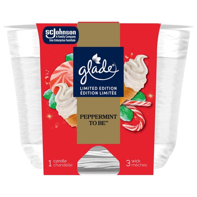 Glade® Scented Candle Air Freshener, Peppermint To Be™, Stocking Stuffer showing a clear glass jar candle with a red festive label featuring peppermint candies, vanilla ice cream cones, and mint leaves, highlighting its 3-wick design and limited edition holiday fragrance, suitable for indoor Christmas decoration.