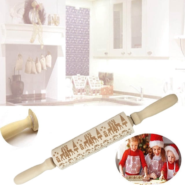 Yhmxh Kitchen Gadgets Kitchen Utensils Home and Kitchen Christmas Rolling Pin Engraved Carved Wood Embossed Rolling Pin Kitchen Tool Rolling Pin
