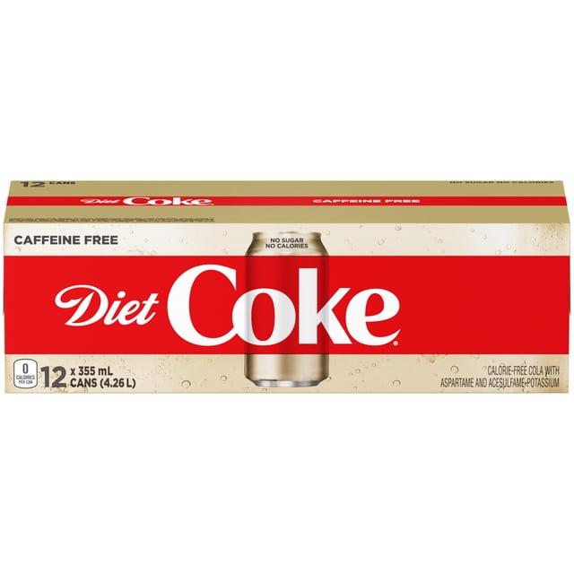 Diet Coke Caffeine Free Fridge Pack Cans, 355 mL, 12 Pack featuring a beige and red rectangular box with a central gold can image labeled no sugar no calories, highlighting calorie-free, sugar-free, and caffeine-free cola in 355 mL cans, suitable for everyday refreshment and caffeine-sensitive consumers.