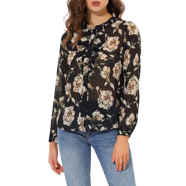 Unique Bargains Chemisier à Col à Volants Manches Longues Boutonné à Fleurs pour Femmes
