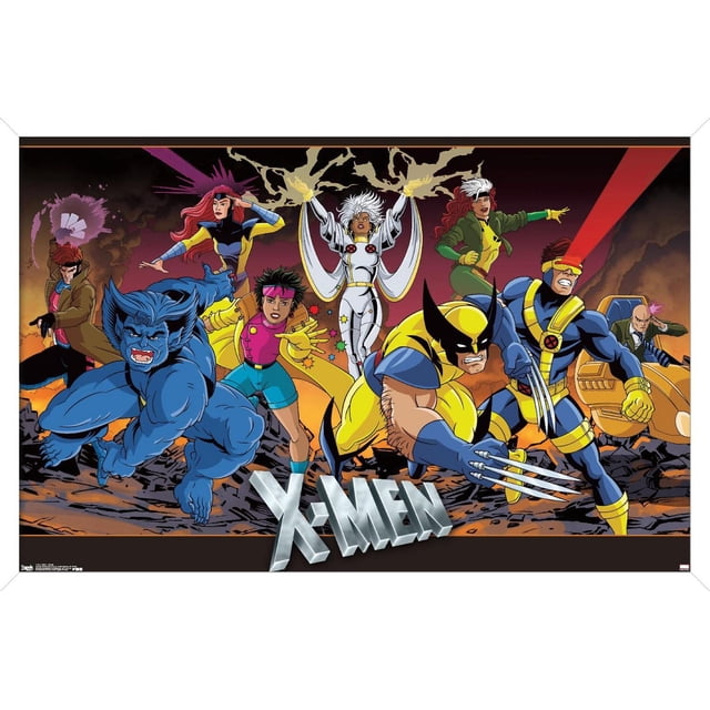 Marvel Comics - The X-Men - Affiche Murale de Groupe, 22,375 Pouces x 34 Pouces Mettant en Vedette Huit Personnages X-Men en poses d'Action Dynamiques sur un Fond Ardent et Fumé. Comprend Bête Accroupie en Fourrure Bleue, Wolverine en Jaune et Bleu avec Griffes Allongées, Cyclops Tirant une Optique Rouge, Tempête en Blanc avec Effets de Foudre, Rogue en Vert et Jaune Pointant vers l'Avant, Jubilee avec Étincelles, Gambit