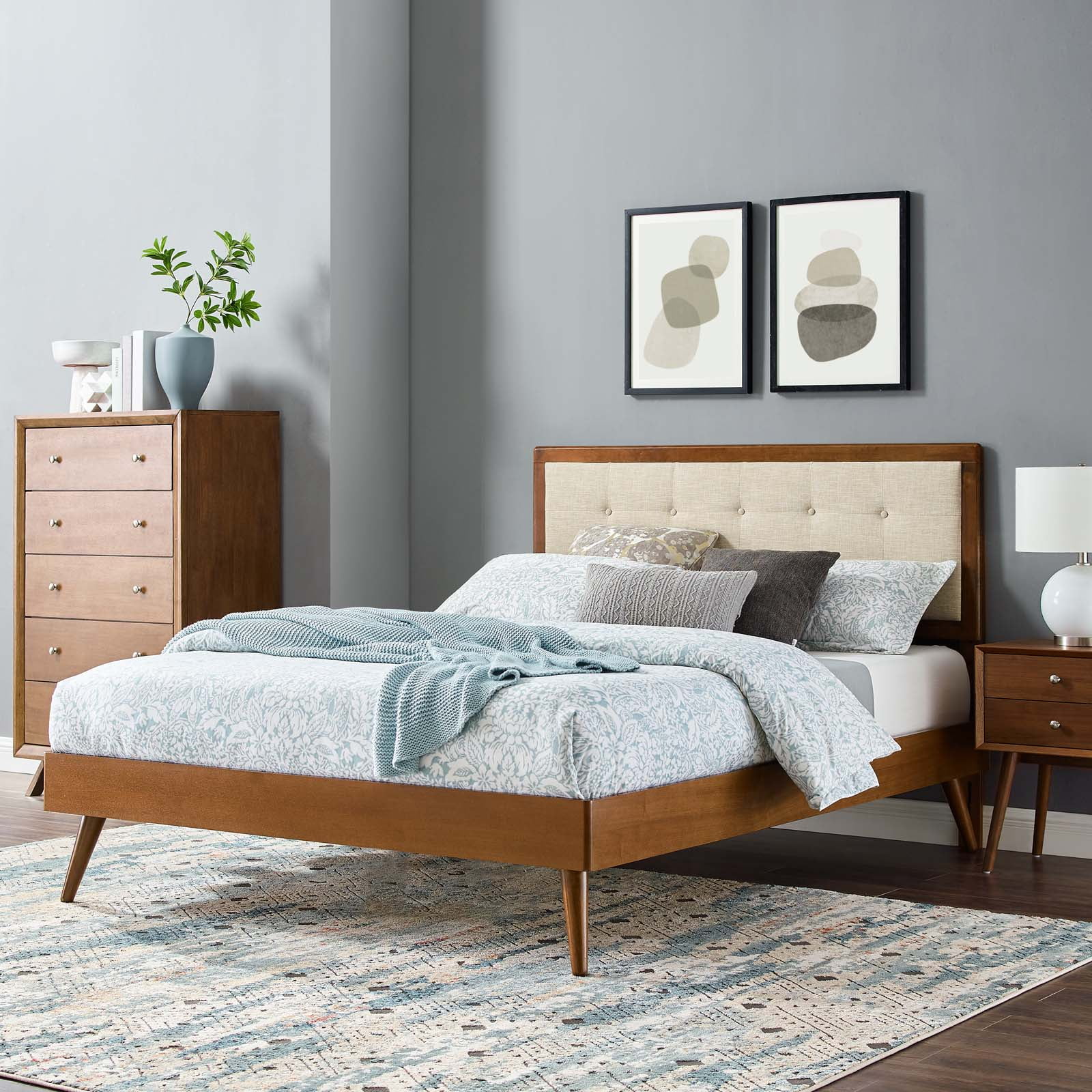 Modway Willow Queen Wood Platform Bed with Splayed Legs in Walnut/Beige