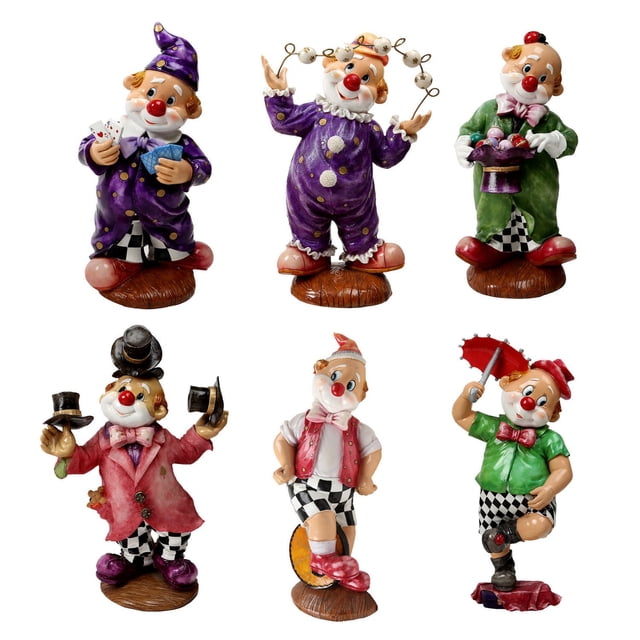 Truu Design 6 Pcs Plaques Murales Décoratives Amusantes pour les Fêtes Clown de Collection Présentant six figurines Clown en Porcelaine Multicolore en poses Ludiques Portant un Pantalon à Carreaux et des costumes Vibrants en Violet, Vert, Rouge et Rose, Chacun Debout sur une base en Bois, Idéal pour des Objets Décoratifs et des accents de Maison pour Égayer les Espaces de Vie Ou les Événements des Fêtes.