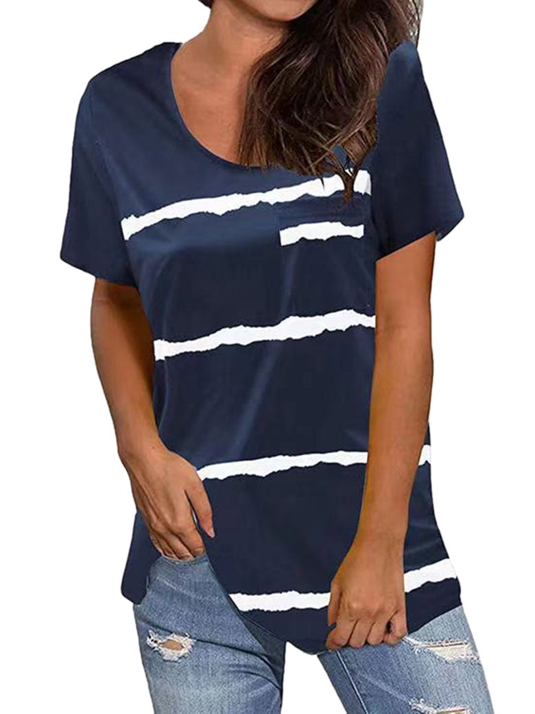 Women Striped Front Pocket Tunics Short Sleeve V Neck Side Split Top