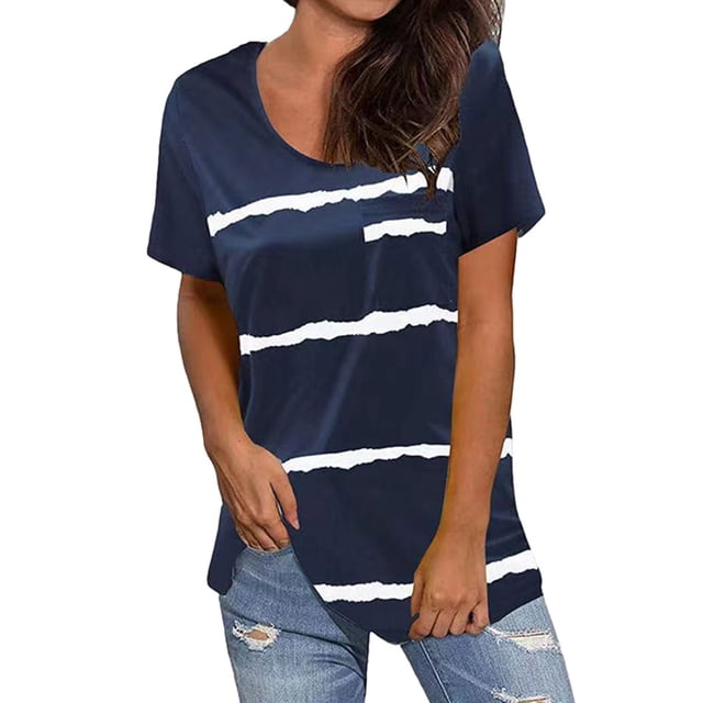 Women Striped Front Pocket Tunics Short Sleeve V Neck Side Split Top in navy blue with bold white horizontal stripes. Designed with a front pocket, short sleeves, v-neckline, and side split hem. Made from a polyester blend, ideal for casual wear, styled with ripped jeans.