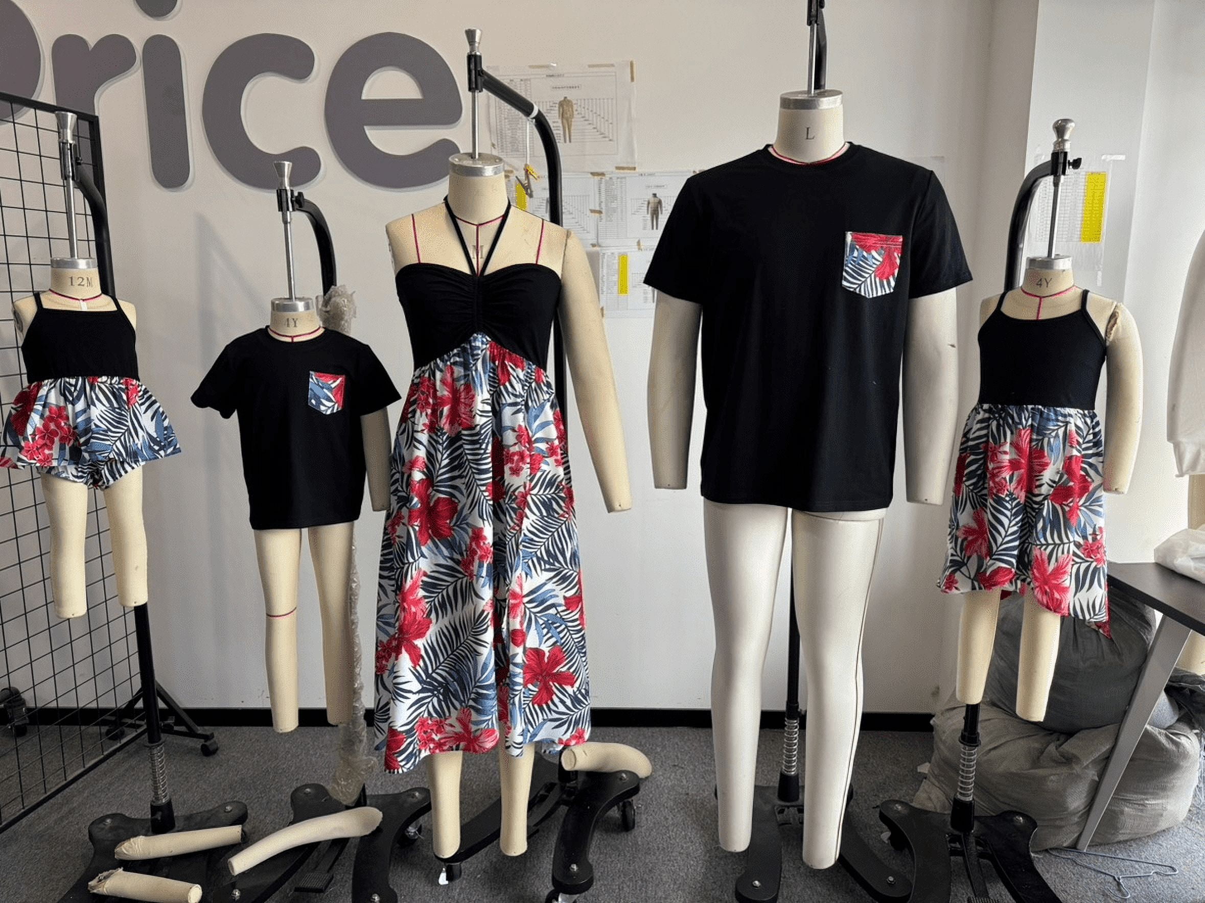 PatPat Ensemble Assorti pour la Famille : Robes Dos Nu à Imprimé Floral Tropical Rouge et T-Shirts Noirs