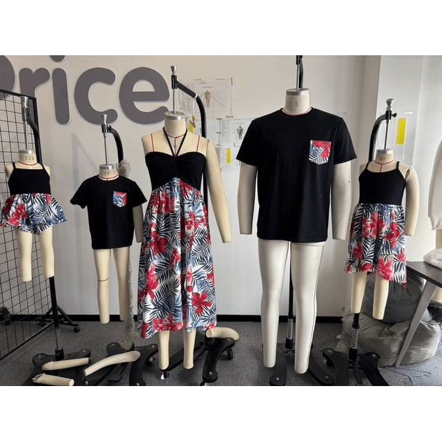 PatPat Ensemble Assorti pour la Famille : Robes Dos Nu à Imprimé Floral Tropical Rouge et T-Shirts Noirs