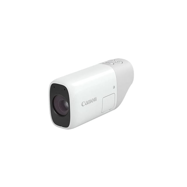 CANON PowerShot ZOOM Monocular Camera in white with a compact, streamlined body, black lens housing at the front, Canon logo on the side, and three control buttons on top, featuring switchable telephoto magnification from 100mm to 400mm optical and 800mm digital, optical image stabilization, and built-in Wi-Fi and Bluetooth, suitable for clear distant viewing in outdoor sports and hunting.