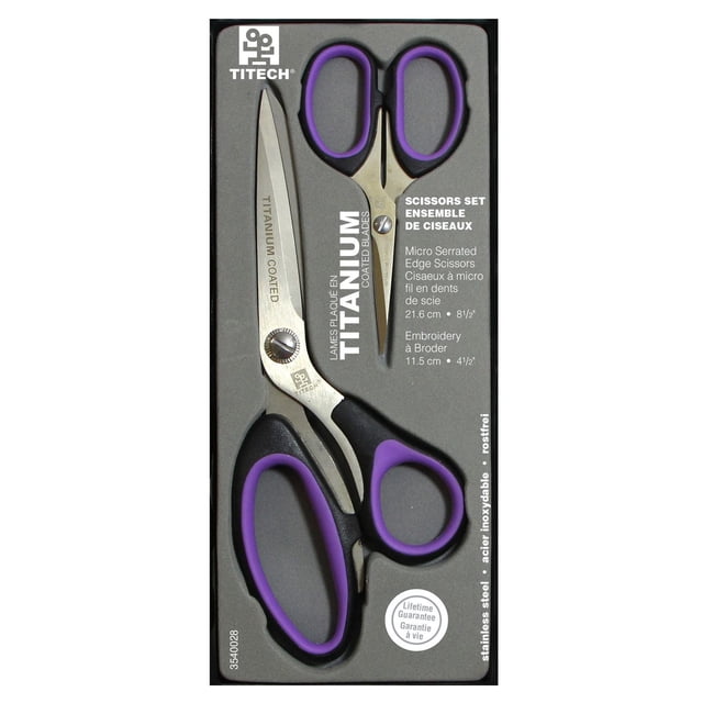 TITECH Scissor Gift Set with 8.5-inch titanium-coated dressmaker shears and 4.5-inch embroidery scissors, featuring contoured black handles with purple grips for comfort and precision in sewing and crafting tasks.