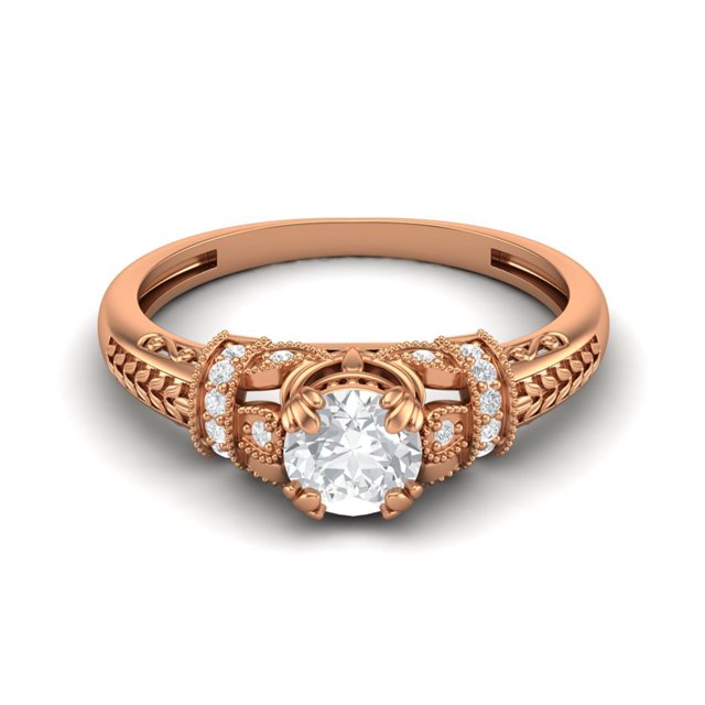 Bague Ronde Moissanite 5 mm en Argent Sterling 925 avec Motif de Roses en Fleurs