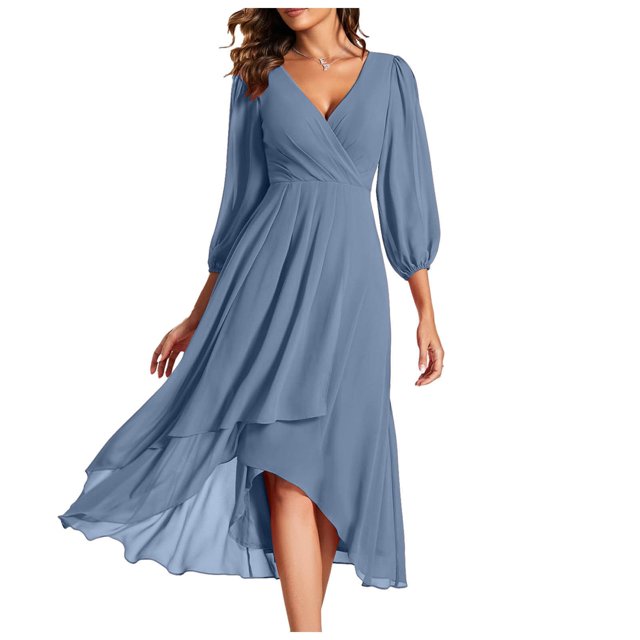 Robes d'Été pour Femmes 2025 Robe en Chiffon Col en V Manches Longues Plissée Longueur Midi Bleu Ciel m