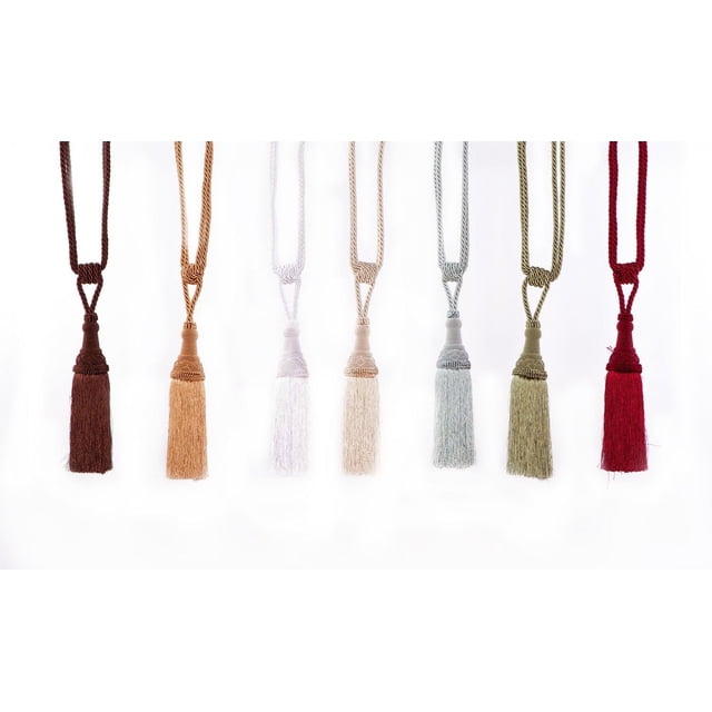 Gouchee Design Tassel set of seven curtain tiebacks featuring twisted cord loops and long silky tassels in dark brown, tan, white, beige, light gray, olive green, and red, designed as elegant window treatment accessories.