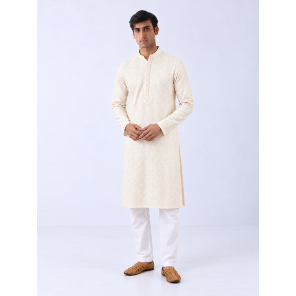 DWEEP SARA Kurta pour Homme en Viscose Rayonne Uni Brodé Droit Ethnique Blanc Cassé, S