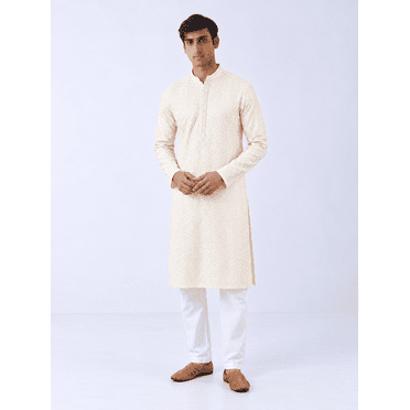 DWEEP SARA Kurta pour Homme en Viscose Rayonne Uni Brodé Droit Ethnique Blanc Cassé, S