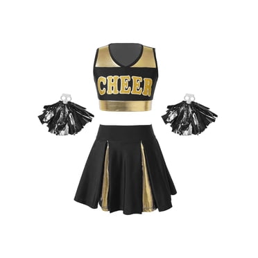 RUNQHUI Kids Girls Cheer Leader Costume Uniform Vest with Pleated Skirt Knee Socks Halloween Cheerleading Outfit D#Black09 10