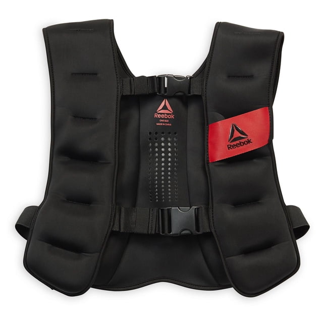 Reebok Delta Veste Lestée 20 lb en Noir avec Bretelles Rembourrées Ajustables, Fermetures à Double Boucle, Dos en Maille Respirante et Écusson logo Reebok Rouge sur l'Épaule Droite, Conçue pour l'Entraînement de Force, les Mouvements Fonctionnels et les Entraînements Progressifs.