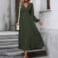 thumbnail image 4 of Ovzne Robes pour Femmes Robe Femme Nouvelle Robe à Col en V Couleur Unie Robe Boule en Laine avec Manches Lanterne Manches Longues Taille Plissée Jupe Longue Robe de Printemps Robes Longues à Manches Longues Liquidation, 4 of 7