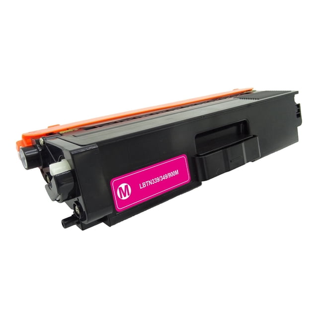 L-ink Compatible Toner TN339 Magenta cartridge shown in a 3/4 angled view with black plastic casing and an orange protective strip, featuring a magenta label marked LBTN339/349/900M, compatible with Brother printers L9550CDW and HL-L9200CDW, delivering sharp, smudge-free prints with a 6000 page yield and suitable for economical printing needs.