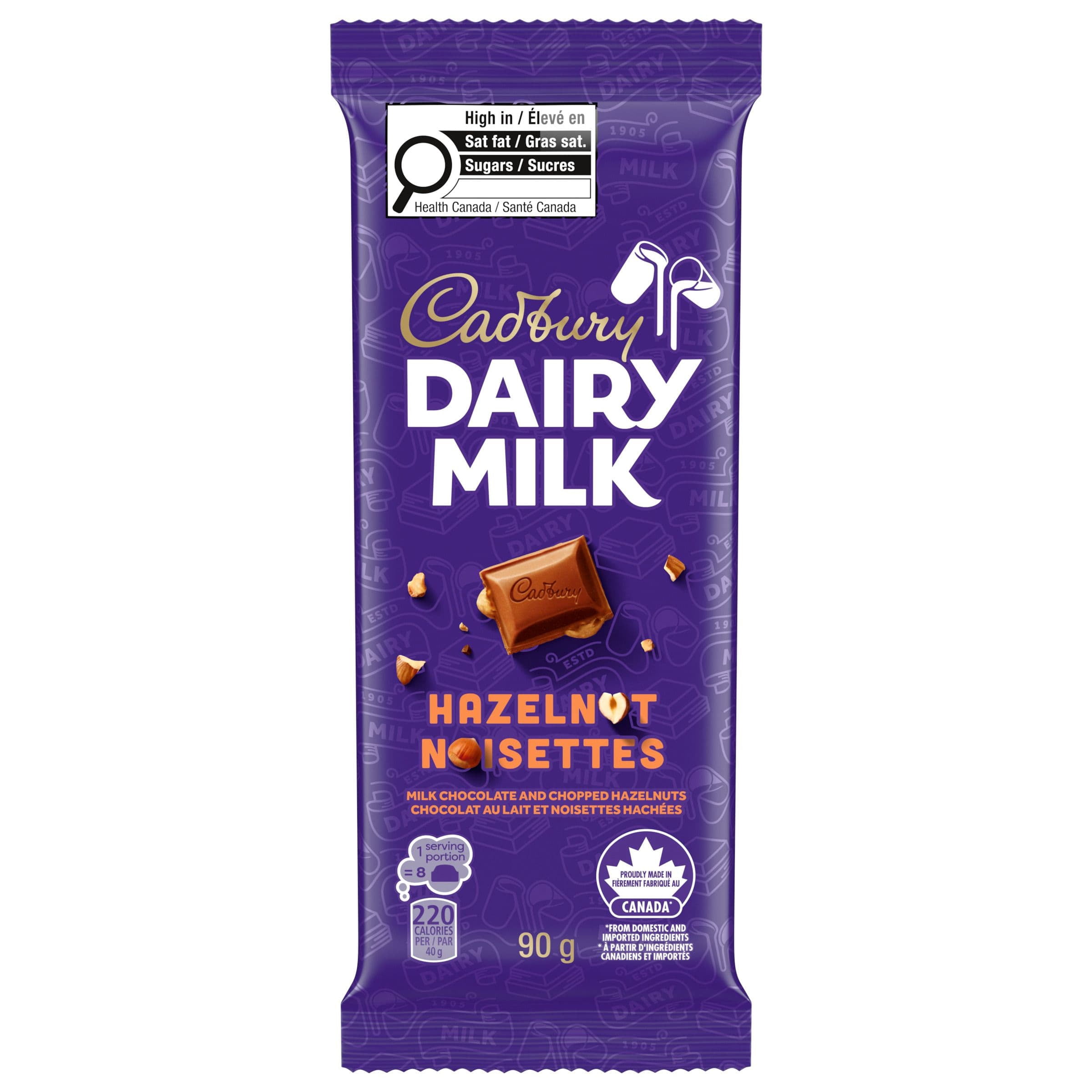Tablette de chocolat CADBURY DAIRY MILK Noisettes avec noisettes hachées, tablette de chocolat au lait CADBURY DAIRY MILK, barre de chocolat au lait CADBURY DAIRY MILK, 90 g