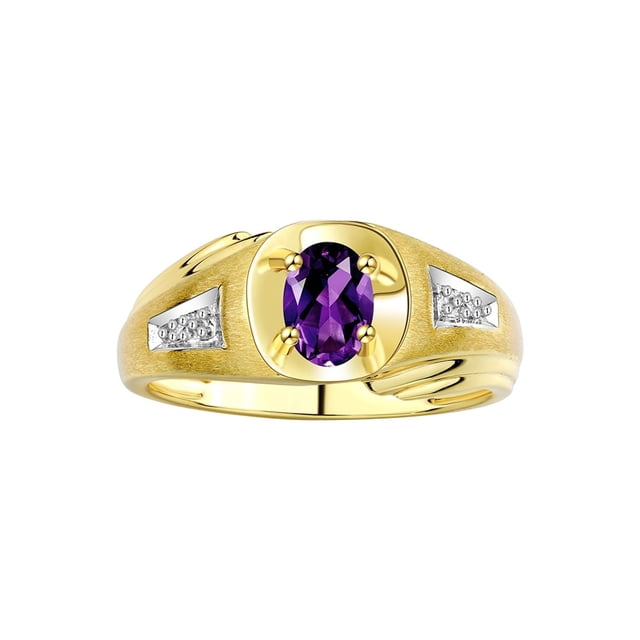 RYLOS Men's Rings 14K Yellow Gold Rings Classic Designer Style 7X5MM Oval Gemstone & Diamond Ring Amethyst February Birthstone Rings For Men Size 8