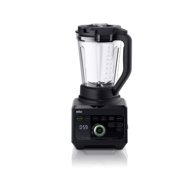 TriForce Pro Blender with a clear triangular Tritan jug marked in US fluid ounces and cups, featuring stainless steel PrecisionEdge blades, on a black base with an illuminated touch screen showing 6 automated programs including smoothie, soup, chop, ice crush, frozen dessert, and spread, plus manual speed and pulse controls and a central start/stop button with texture control.