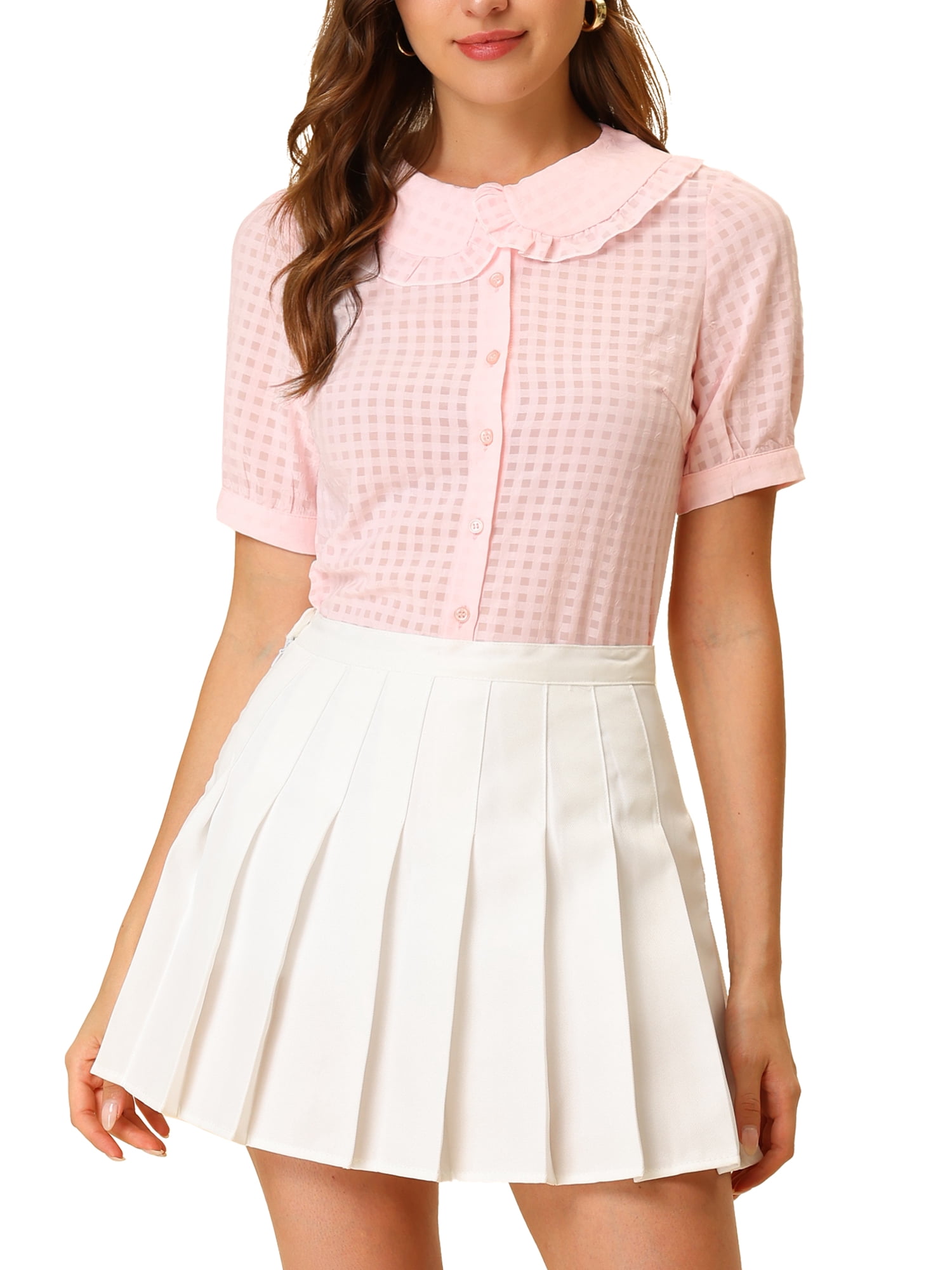 INSPIRE CHIC Women's Peter Pan Collar Ruffled Trim Gingham Button Down Blouse XL Pink