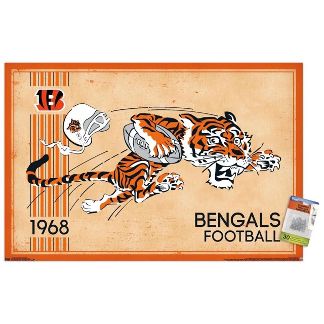NFL Cincinnati Bengals - Retro Logo 14 Wall Poster, 22.375" x 34" featuring a vintage-style Bengal tiger with orange and black stripes running with a football, a white helmet with the Bengals logo floating nearby, vertical orange and black stripes with the year 1968, and 'BENGALS FOOTBALL' text on a beige textured background framed by an orange border, ideal for sports-themed wall decor or fan rooms.