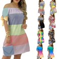 thumbnail image 3 of Women Casual Mini Dress  Summer Striped Off Shoulder Short Sleeve  A-line Short Dress, 3 of 3