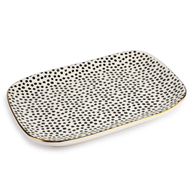 Thyme & Table Dot Appetizer Platter, a rectangular serving tray with rounded corners, decorated with irregular black dots on a white background and a thin gold rim, suitable for serving appetizers, cheeses, or charcuterie at casual or formal occasions.