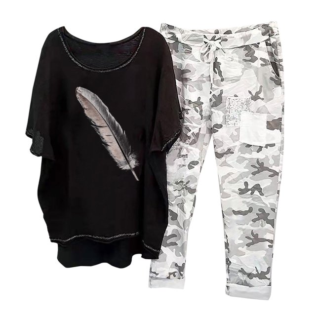 Aqestyerly Hauts pour Femmes Chic Décontracté T-Shirt à Imprimé pour Femmes Col Ras du Cou Manches Mi-Longues Chandail à Enfiler Hauts + Ensembles Pantalon