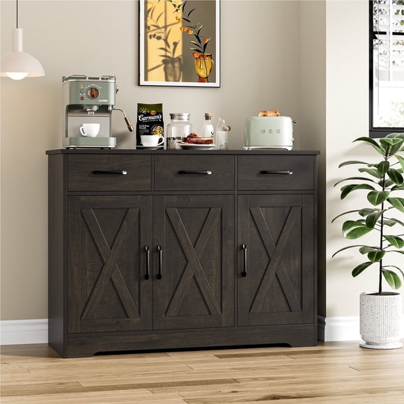 Homfa 42.5'' Kitchen Buffet Sideboard Cabinet, 3 Drawers Farmhouse Storage Cabinet with Adjustable Shelf, Dark Brown