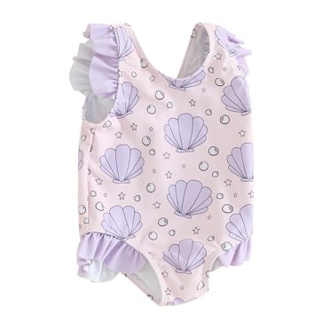 EYIIYE Toddler Baby Girl Bikini Swimsuit 0-3Y Infant Cute Swimwear Sleeveless Jumpsuit Round Neck Romper Shell Star Print Frill Trim Bathing Suit Kids Girls Soft Summer Beach Wear