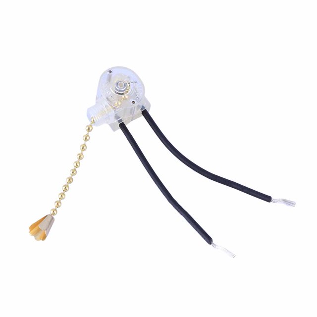Ceiling Fan Light Lamp Replacement Switch Pull Chain 3 Lighting Accessories (Random Style) featuring a compact design with a transparent plastic and metal body. Includes a golden pull chain for manual operation and two black wires for easy installation. Compatible with single capacitor ceiling fans and supports 3A/220V-250V settings.