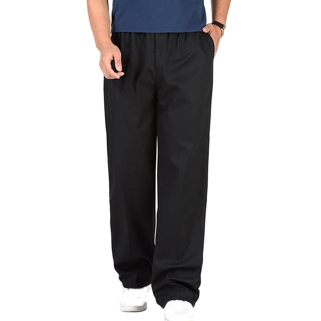 XZNGL Mens Solid Pure Cotton Elastic Waist Straight Barrel Trousers