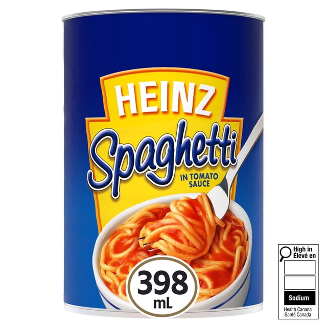 Heinz Spaghetti dans une Sauce Tomate avec Fromage Repas en Conserve dans une Boîte de 398 ml Bleu et Jaune Montrant un Bol de Spaghetti avec Sauce Tomate et une Fourchette Nouilles Tourbillonnantes, Étiqueté Riche en sodium par Santé Canada, Prêt en Moins de 5 minutes et Sans Caséine.