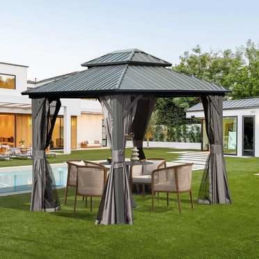 Domi Outdoor Living Pavillon à Toit Rigide Permanent 8 Pieds x 10 Pieds, Double Toit en Acier Galvanisé avec Rideaux et Moustiquaire pour Patio, Cour Arrière, Repas en Plein Air, Gris
